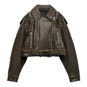 : Women’s Biker Vintage Brown Genuine Sheepskin Sporty Casual Moto Biker Lapel Collar Café Racer Streetwear Loose Asymmetric Leather Jacket