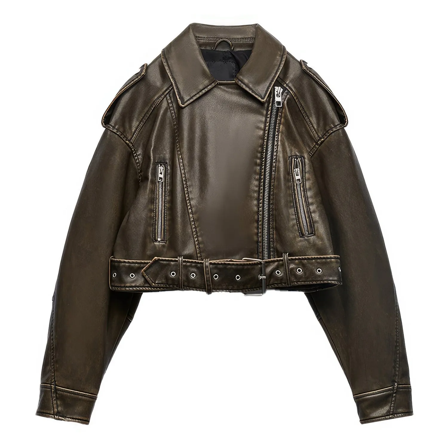 : Women’s Biker Vintage Brown Genuine Sheepskin Sporty Casual Moto Biker Lapel Collar Café Racer Streetwear Loose Asymmetric Leather Jacket