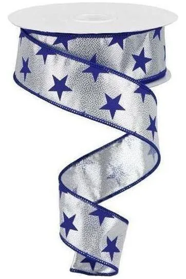 1.5" Stars on Metallic Ribbon: Silver (10 Yards)