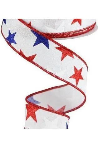 1.5" White Royal Canvas Ribbon: Patriotic Stars (10 Yards)