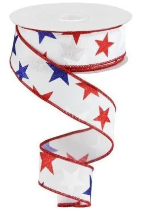 1.5" White Royal Canvas Ribbon: Patriotic Stars (10 Yards)