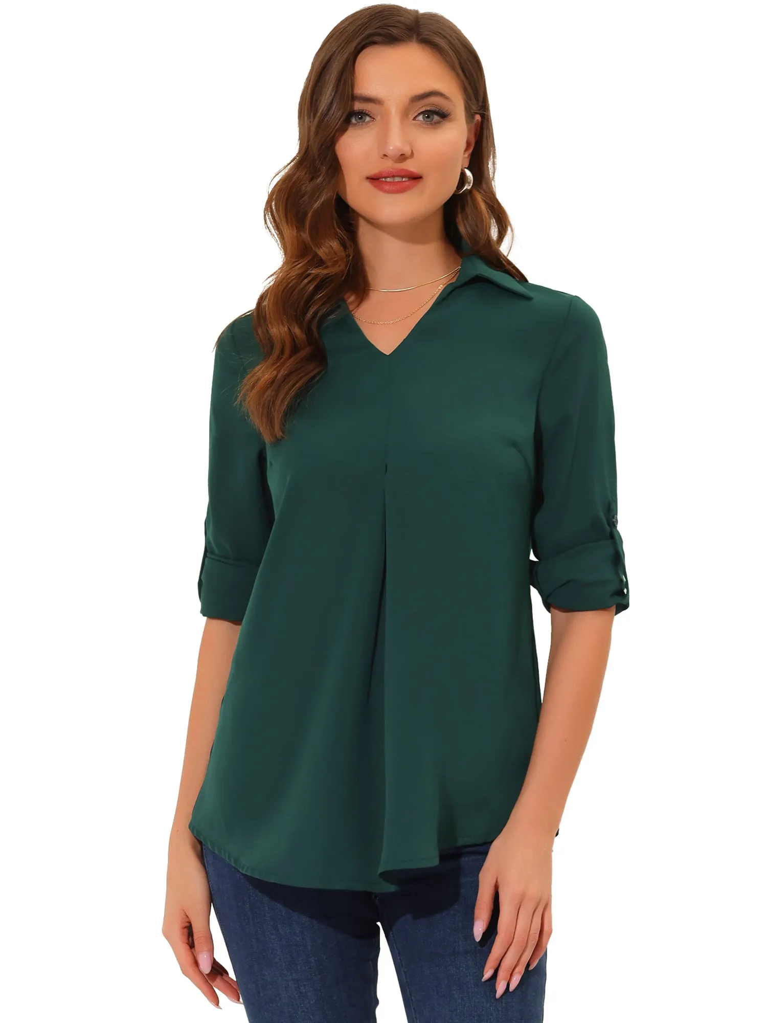 3/4 Roll Sleeve V Neck Pleated Front Collared Solid Work Blouse