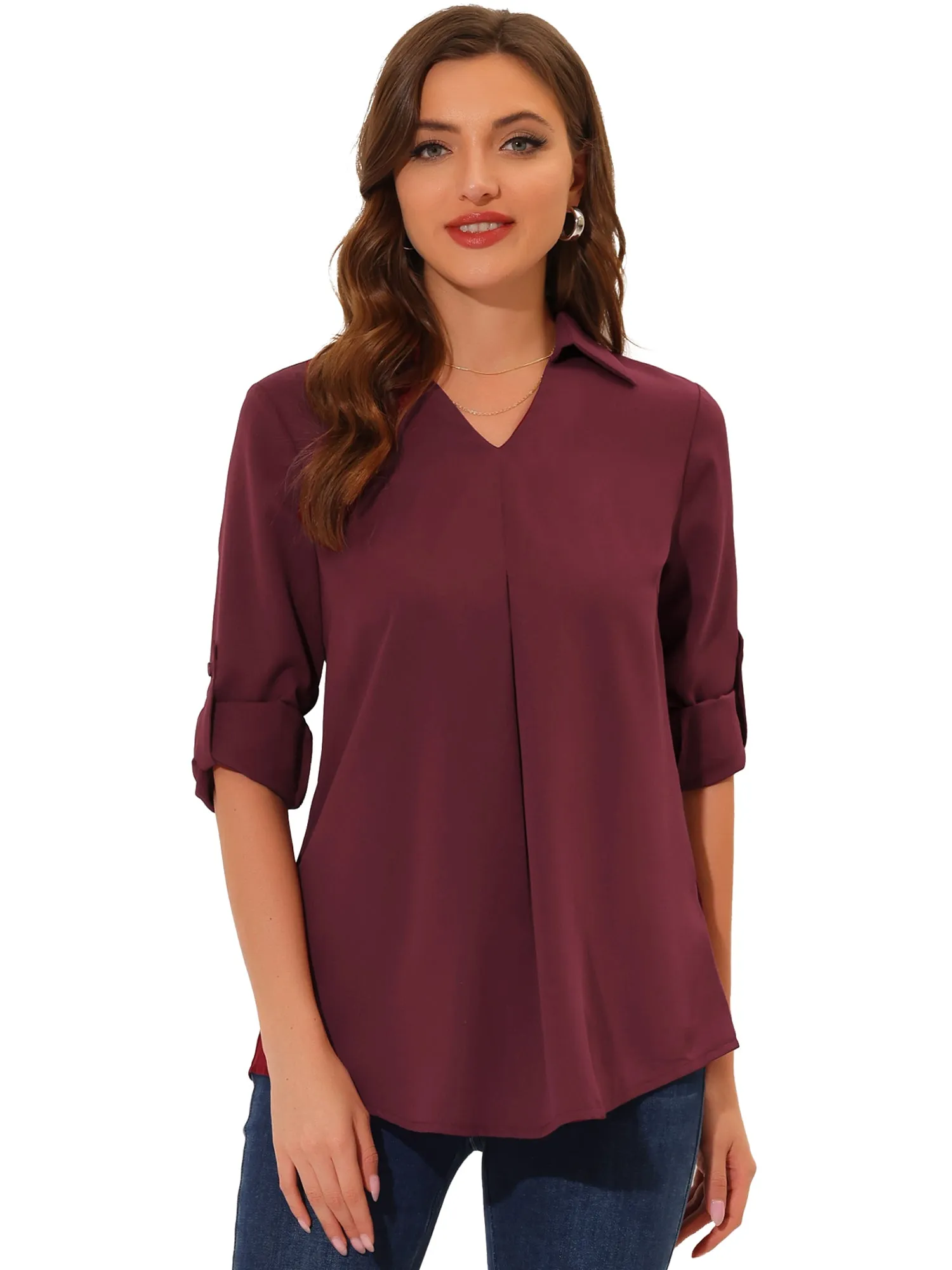 3/4 Roll Sleeve V Neck Pleated Front Collared Solid Work Blouse