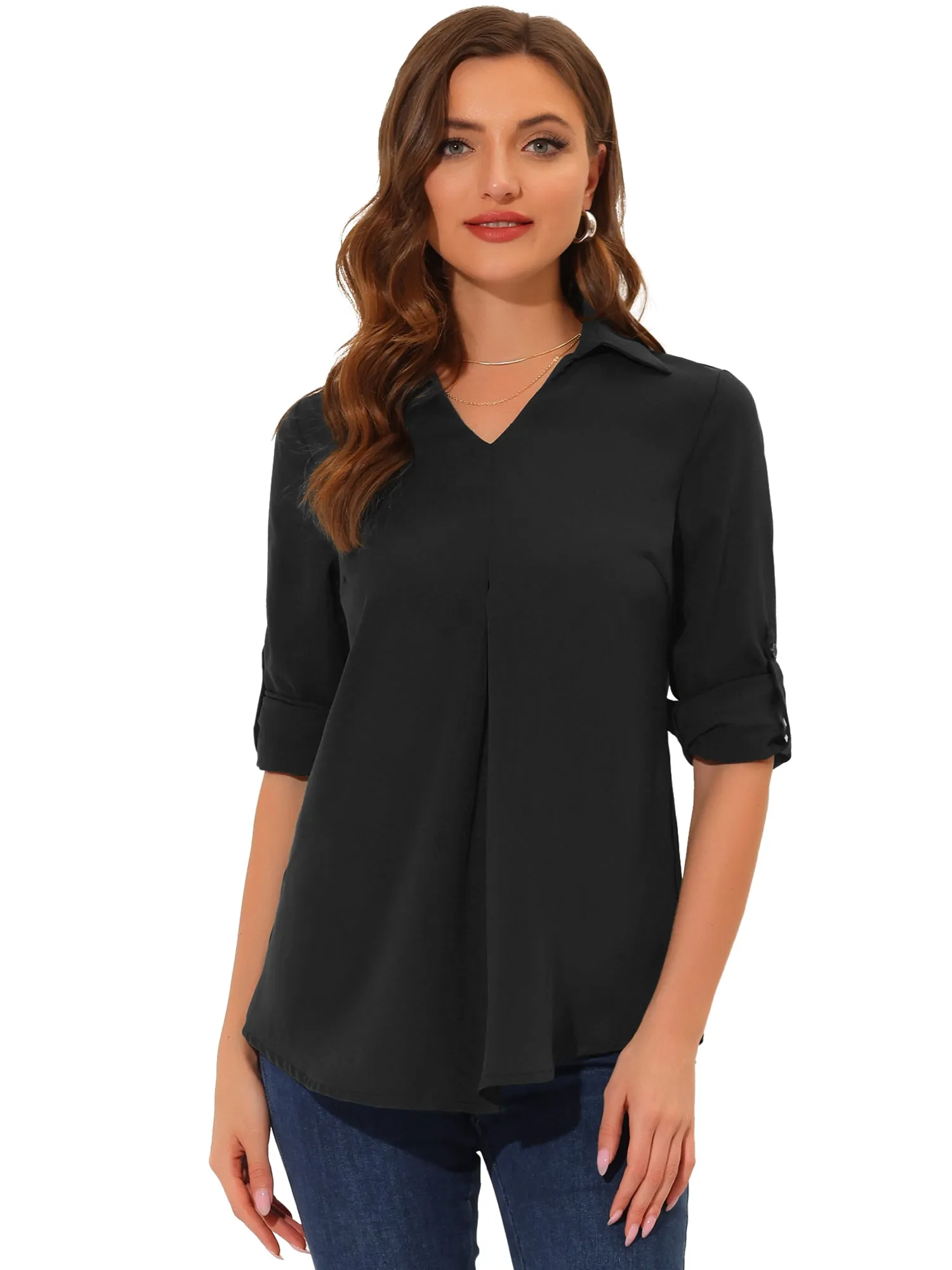 3/4 Roll Sleeve V Neck Pleated Front Collared Solid Work Blouse