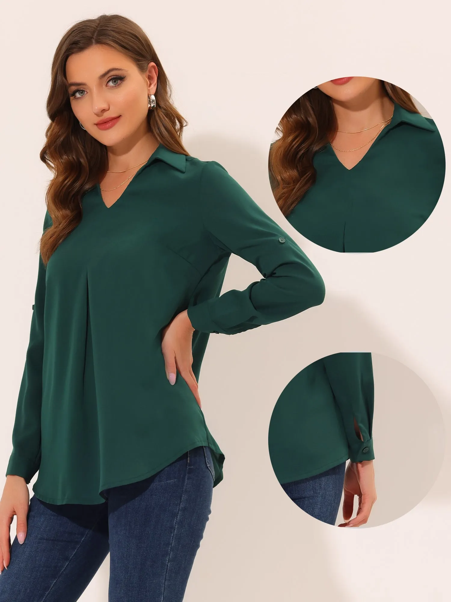 3/4 Roll Sleeve V Neck Pleated Front Collared Solid Work Blouse