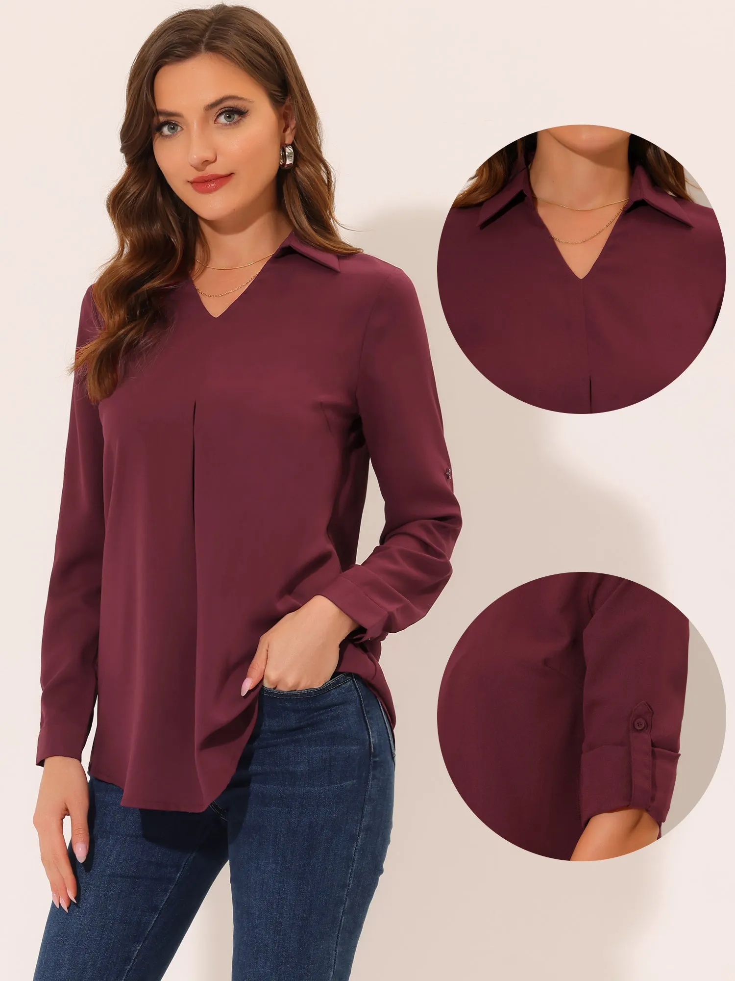 3/4 Roll Sleeve V Neck Pleated Front Collared Solid Work Blouse