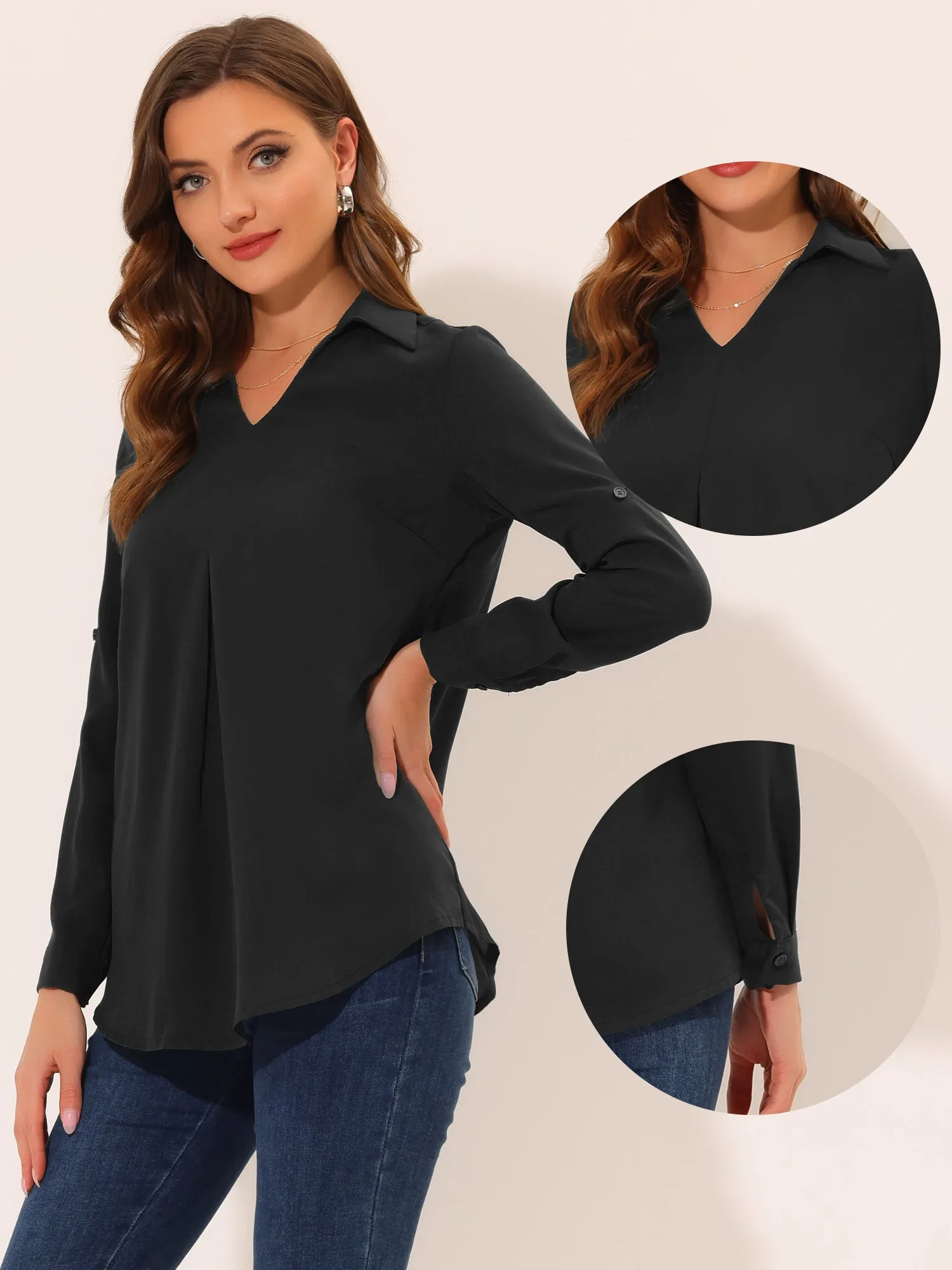 3/4 Roll Sleeve V Neck Pleated Front Collared Solid Work Blouse