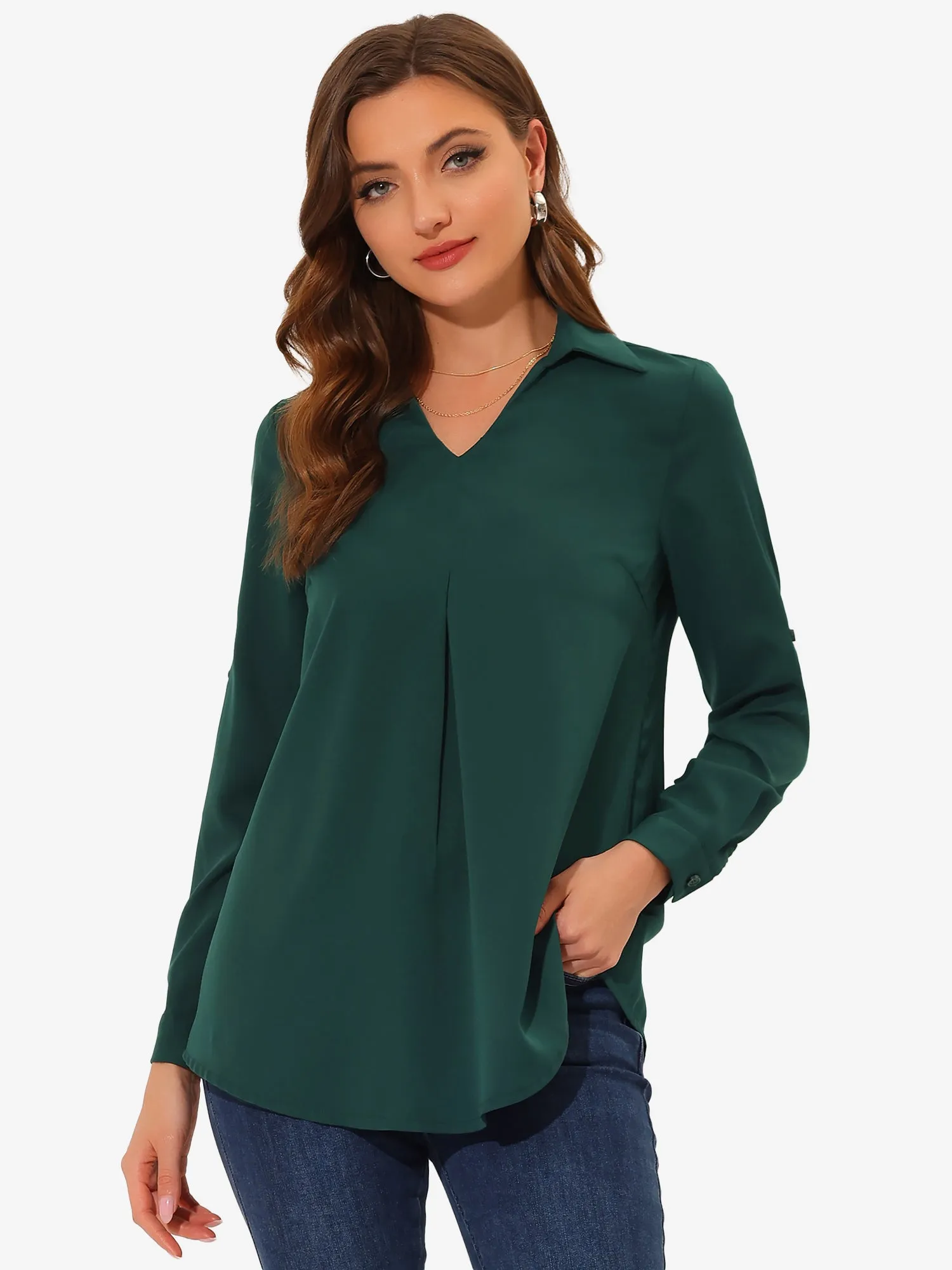 3/4 Roll Sleeve V Neck Pleated Front Collared Solid Work Blouse