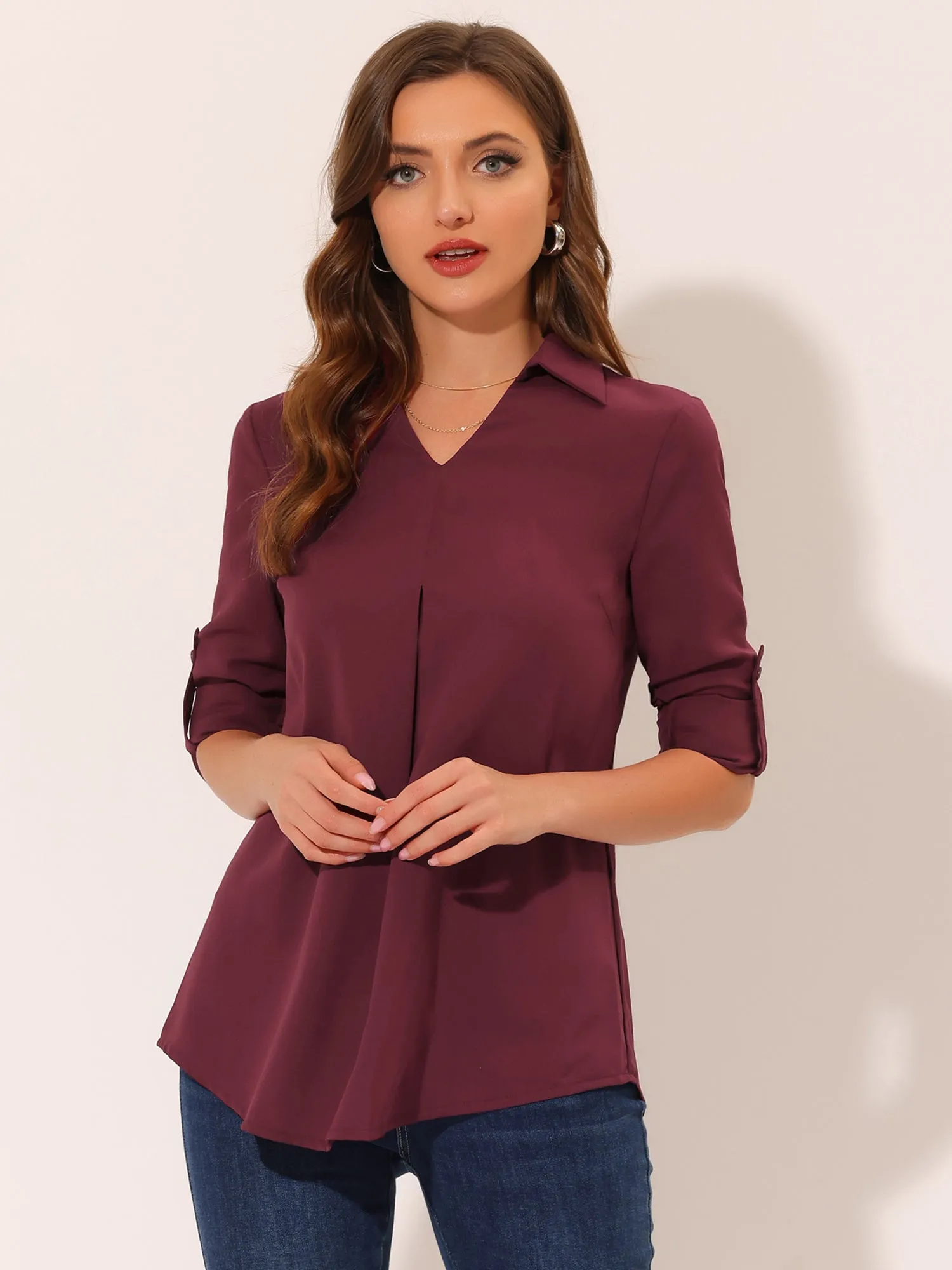 3/4 Roll Sleeve V Neck Pleated Front Collared Solid Work Blouse