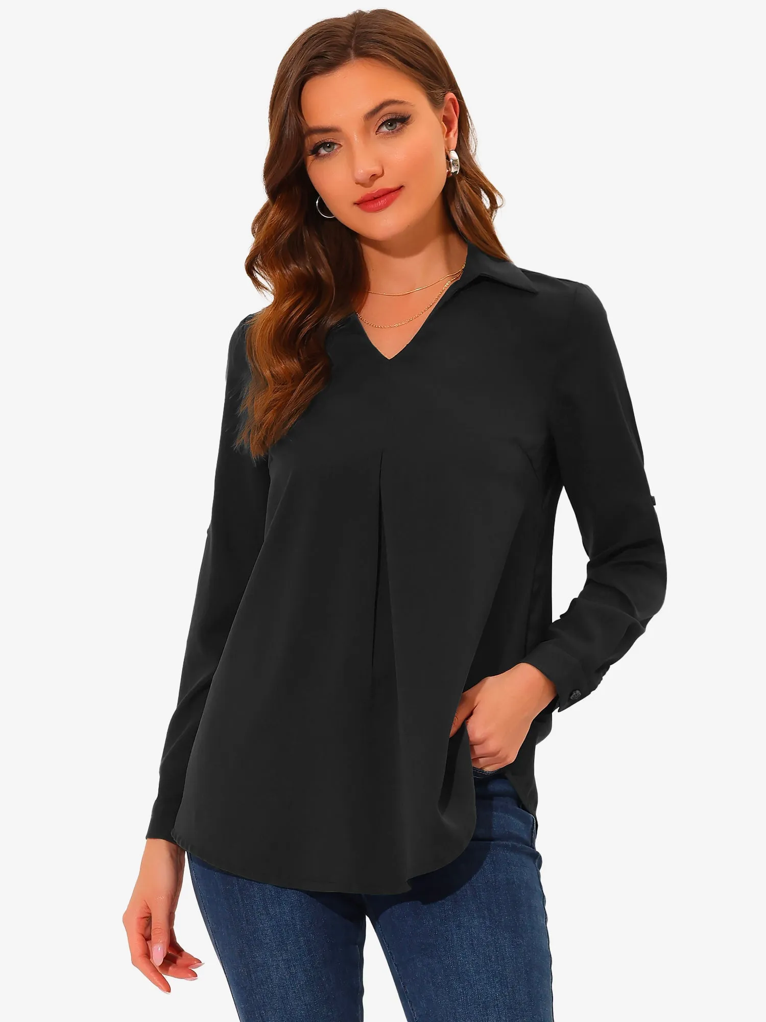 3/4 Roll Sleeve V Neck Pleated Front Collared Solid Work Blouse