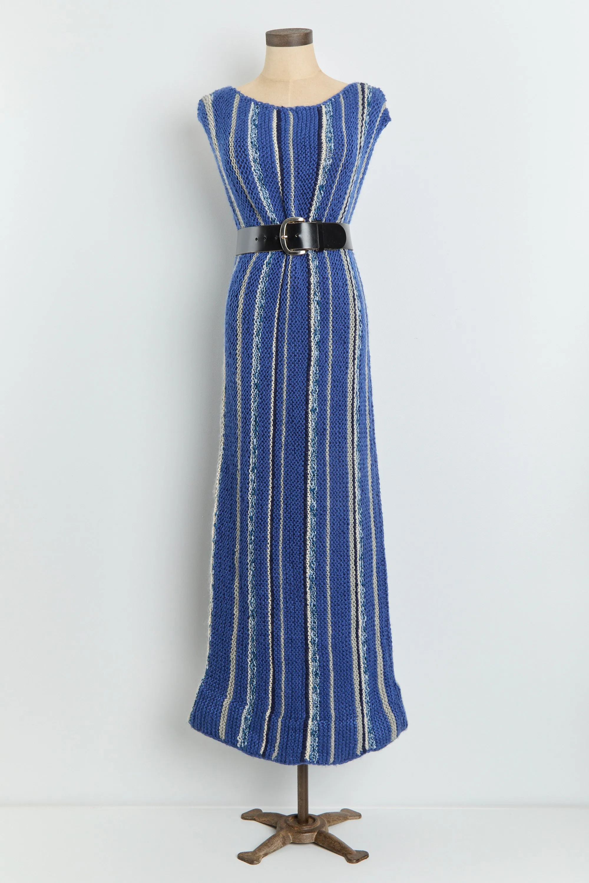 60s Blue Striped Hand Knit Sweater Dress S-L