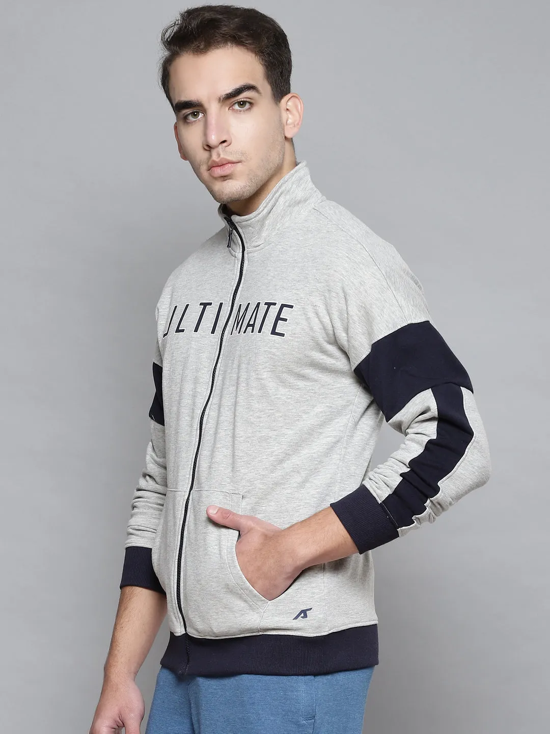 Alcis Men Grey Navy Blue Colourblocked Typography Cotton Sporty Jacket