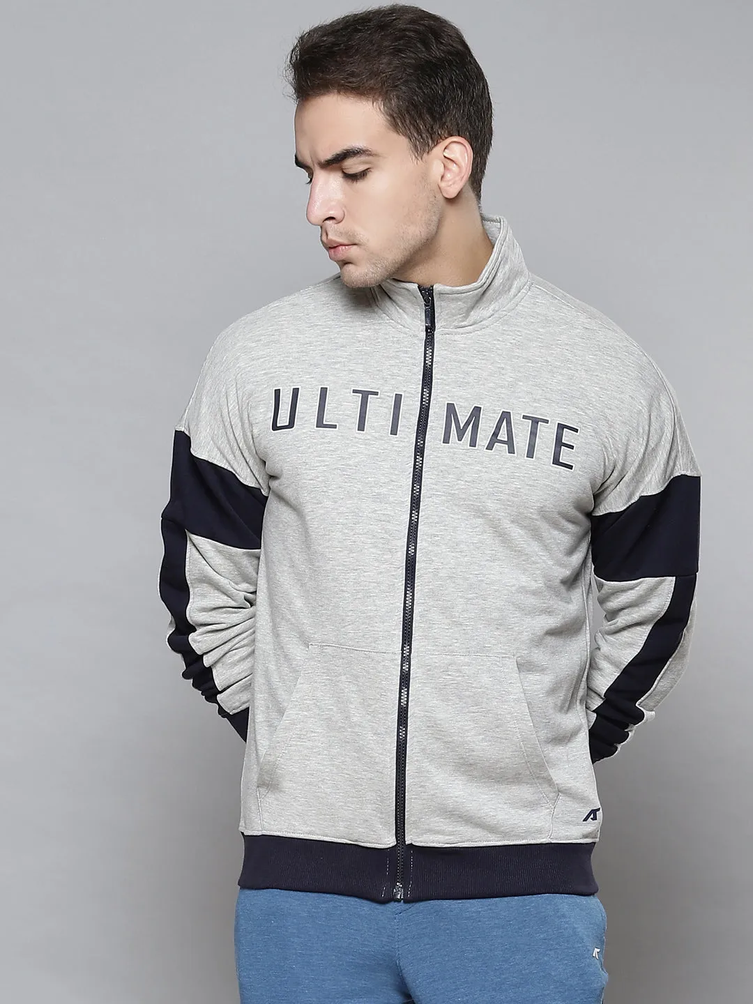 Alcis Men Grey Navy Blue Colourblocked Typography Cotton Sporty Jacket