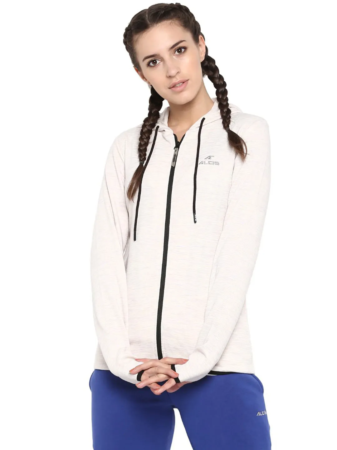 Alcis Women Cream-Coloured Ribbed Hooded Sporty Jacket