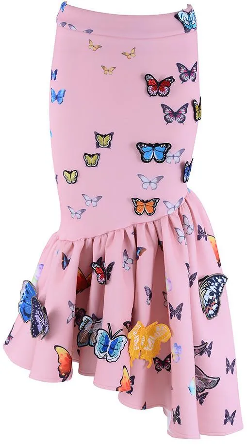 Asymmetrical Butterfly-Applique Skirt - Black, Pink, White