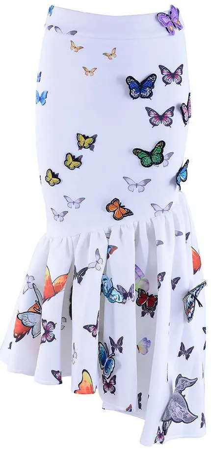 Asymmetrical Butterfly-Applique Skirt - Black, Pink, White