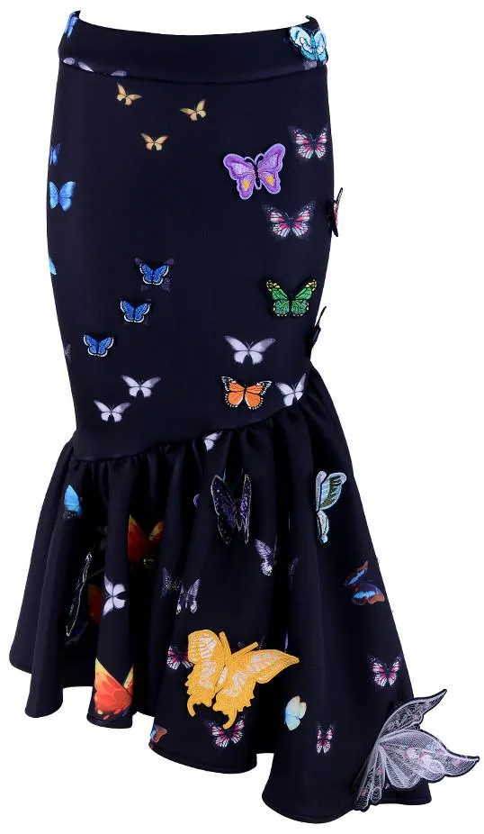 Asymmetrical Butterfly-Applique Skirt - Black, Pink, White