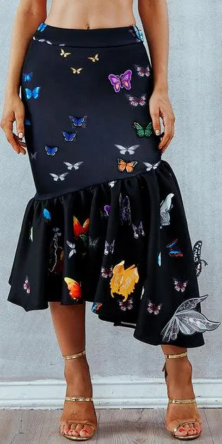 Asymmetrical Butterfly-Applique Skirt - Black, Pink, White