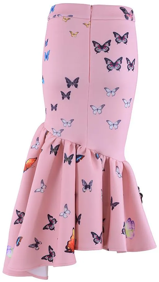 Asymmetrical Butterfly-Applique Skirt - Black, Pink, White