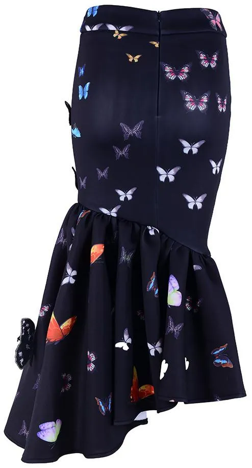 Asymmetrical Butterfly-Applique Skirt - Black, Pink, White