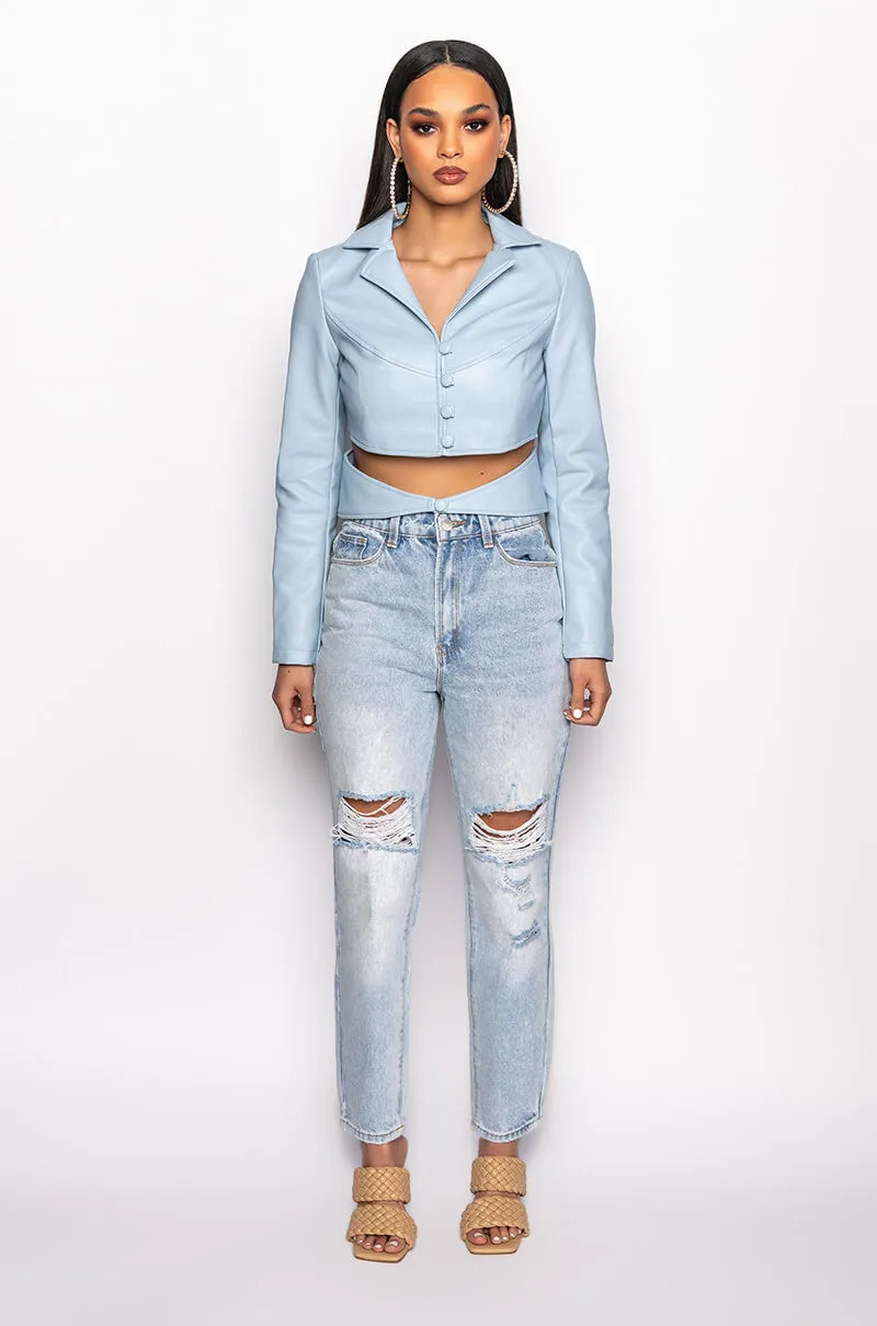 AZALEA WANG BOY BLUE CUT OUT BLAZER IN PLEATHER