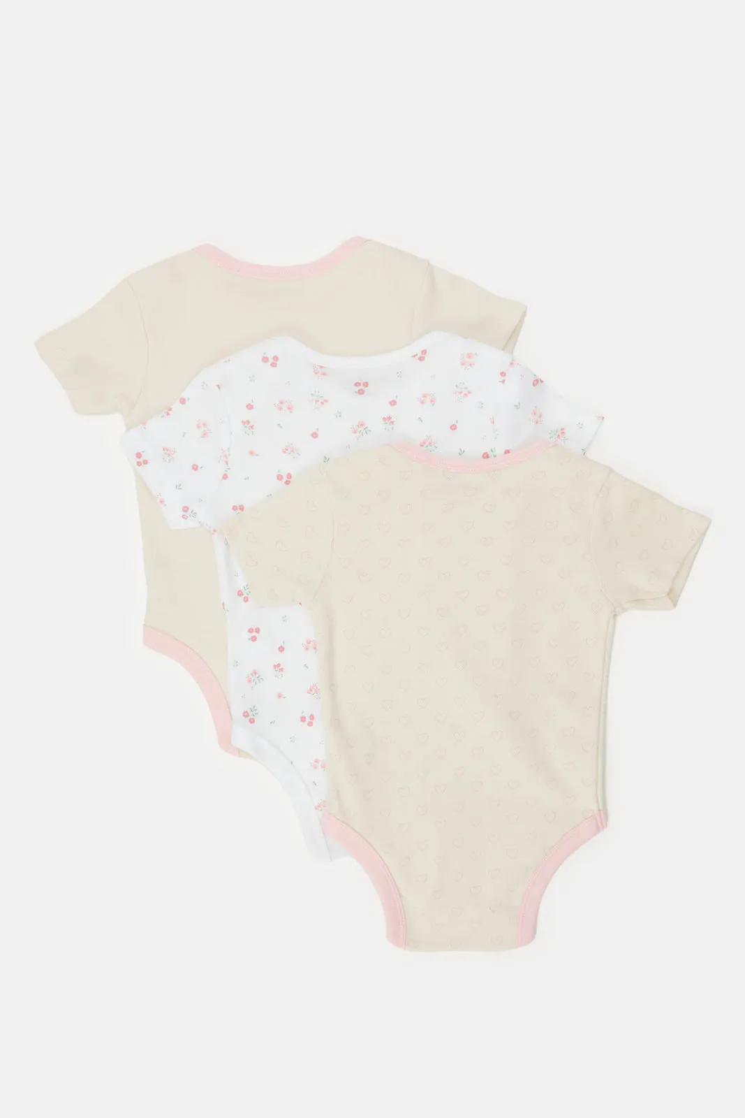 Baby Cream And Pink Printed Bodysuit Set (Pack Of 3)