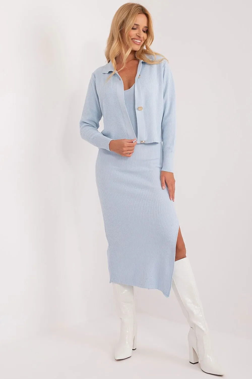 BADU 2 Piece European Ribbed Sweater Dress and Cardigan Set