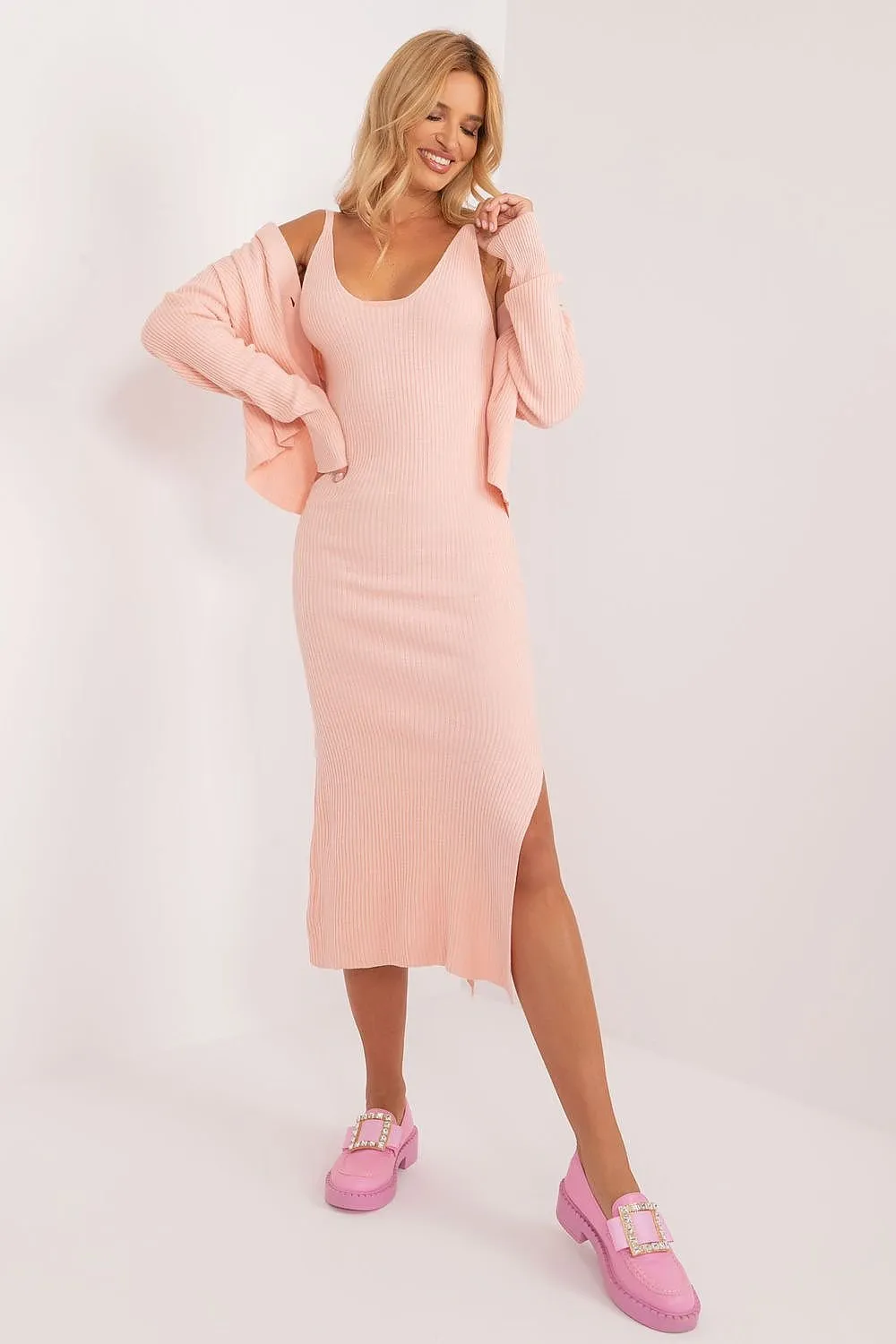 BADU 2 Piece European Ribbed Sweater Dress and Cardigan Set