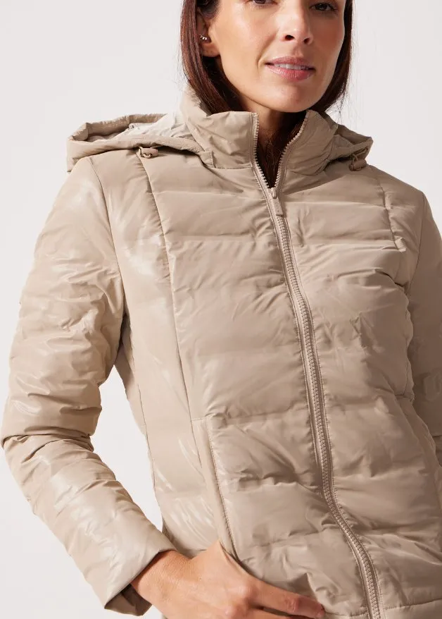 Beige Leather Look Duck Down Puffer Jacket