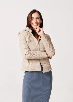 Beige Leather Look Duck Down Puffer Jacket