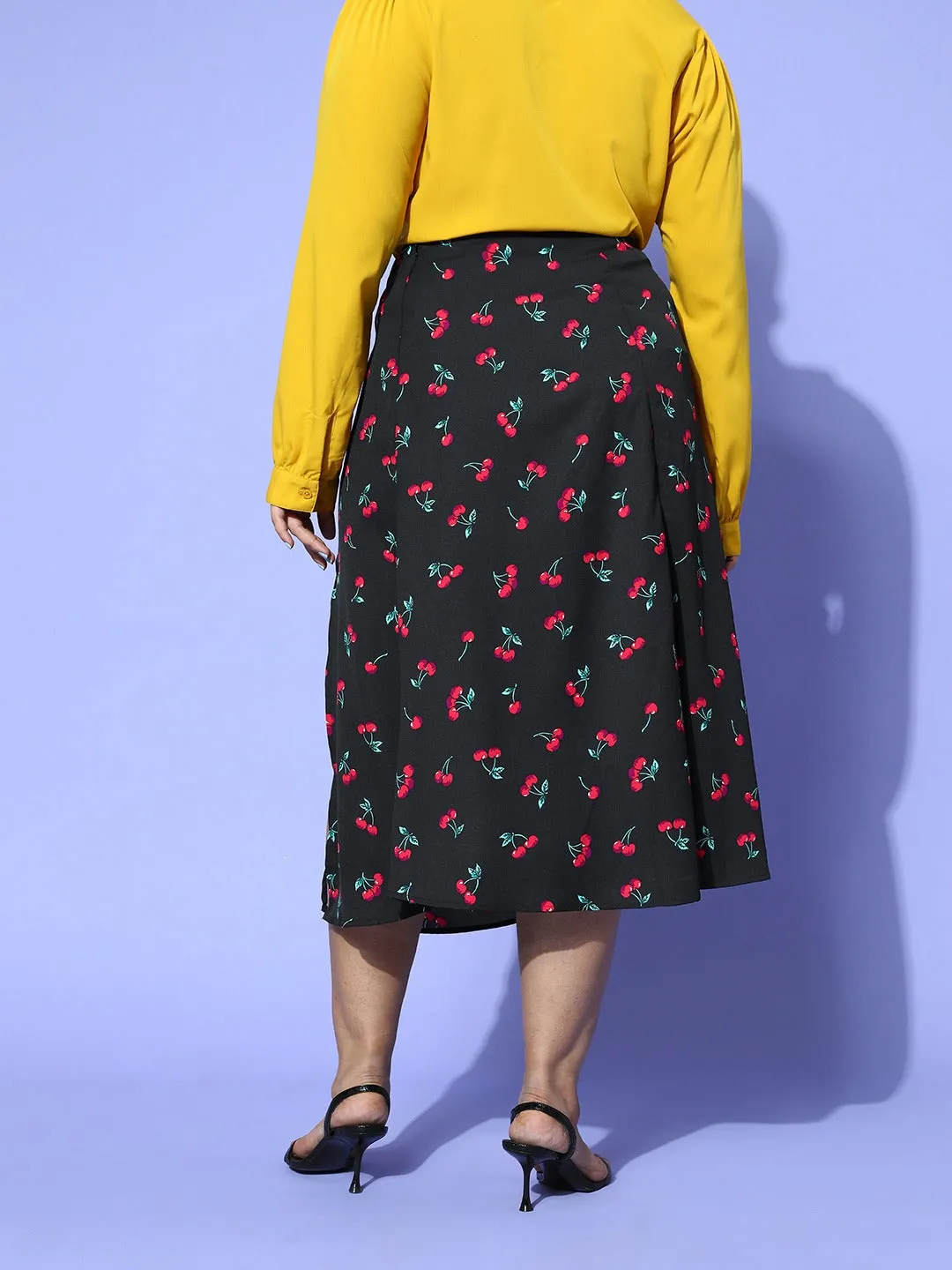 Berrylush Women Plus Size Black & Red Cherry Printed Thigh-High Slit Flared A-Line Midi Skirt