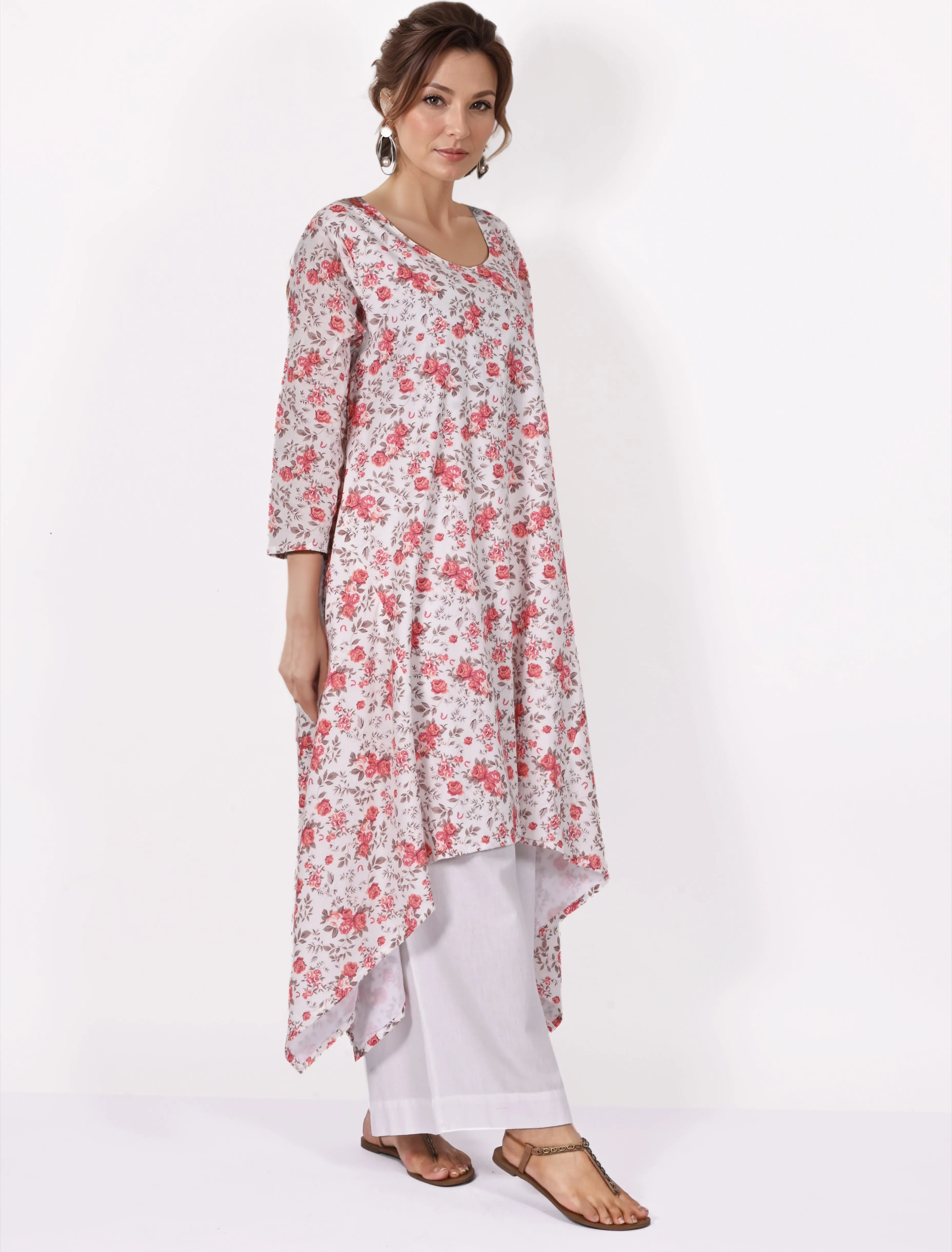 BINA Printed/Solid Pure Soft Cotton Uneven Hem Long Tunic Kurta Dress: Made to Order/Customizable