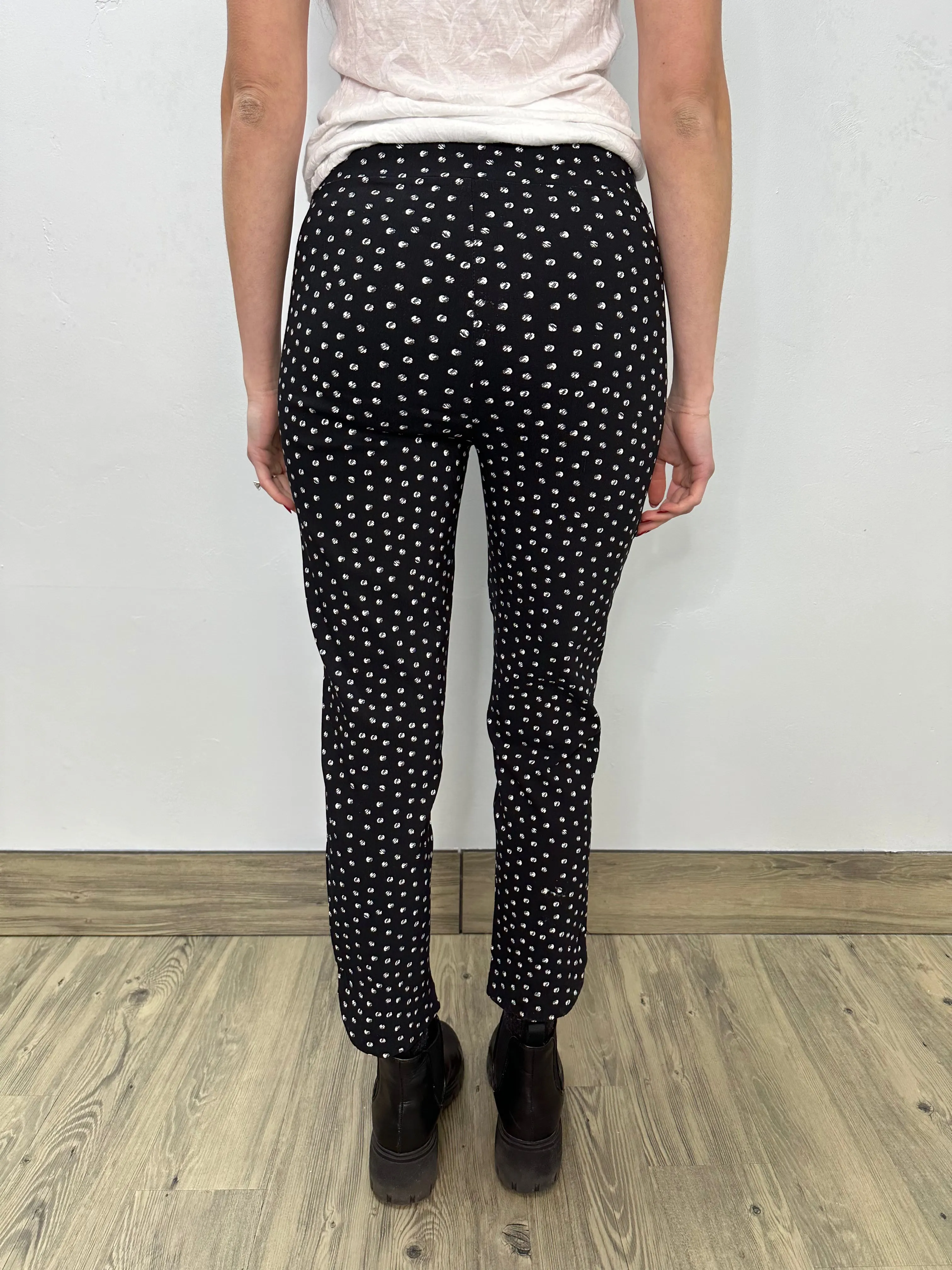 Black and White Dots Flat Front Full Length Pants