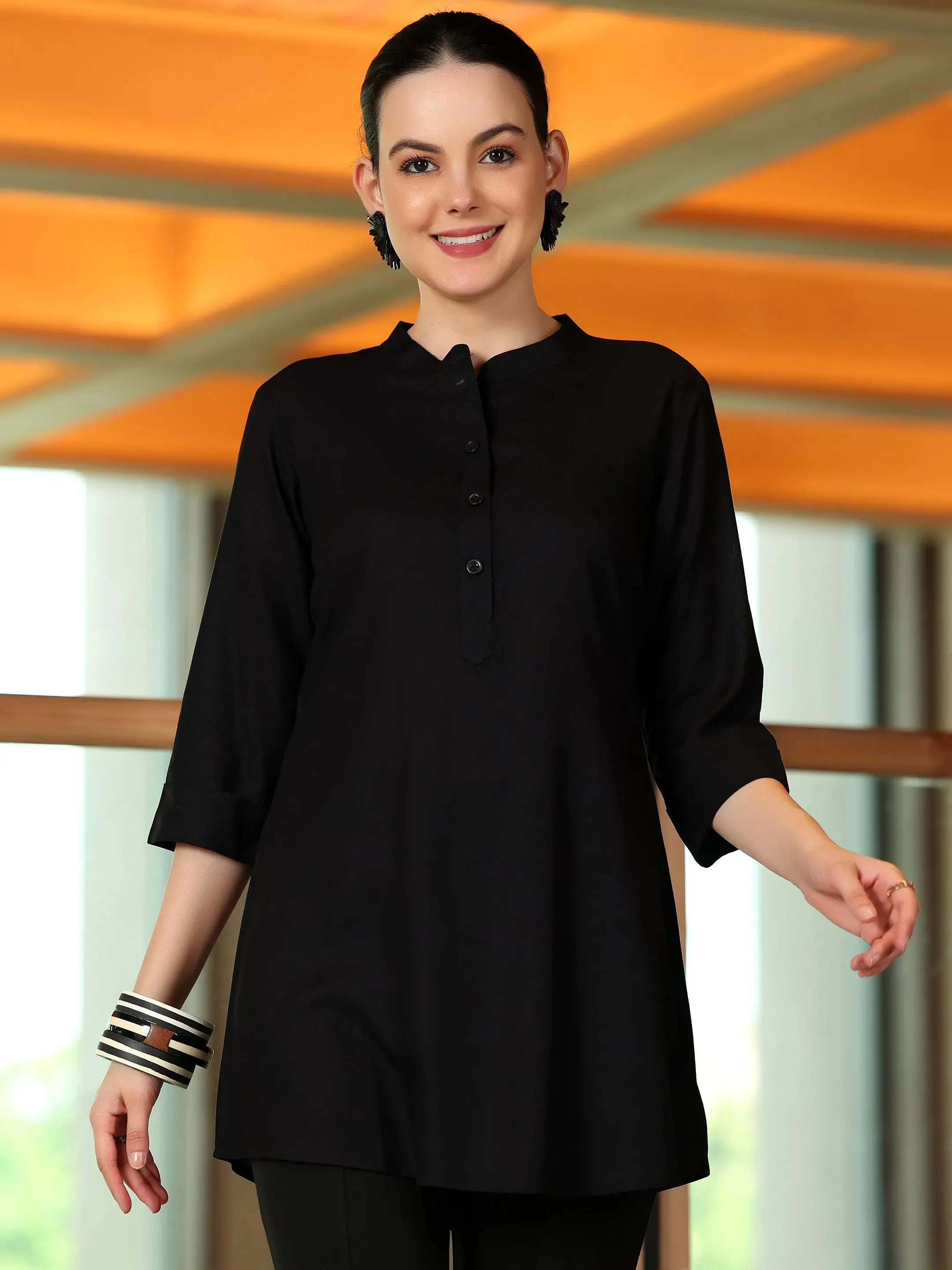 Black Solid Rayon Straight Tunic