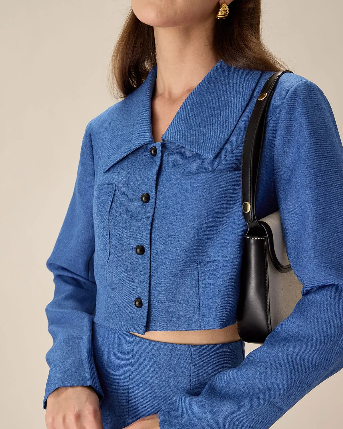 Blue Single-Breasted Pocket Crop Jacket