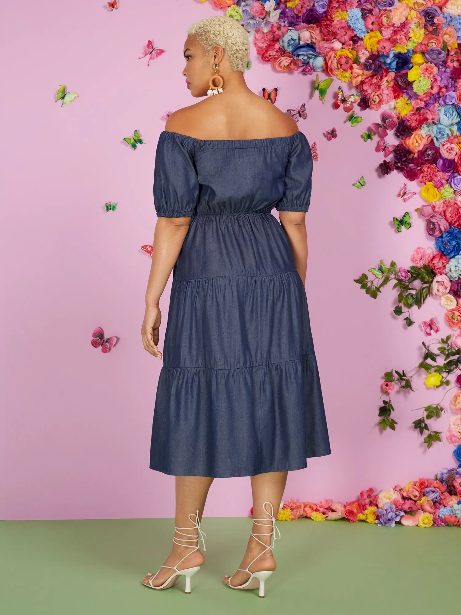 Blue Tiered Poplin Off-The-Shoulder Midi Dress