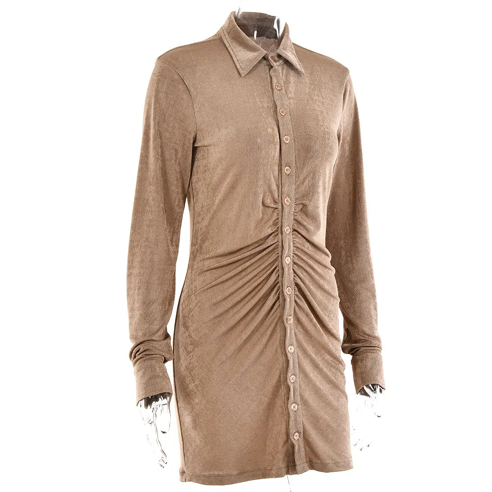 Bobbi Fabric Brushed Silk Ruched Minidress lapel collar single placket sexy dress cardigan