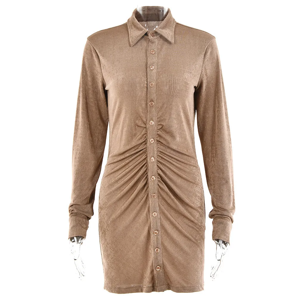 Bobbi Fabric Brushed Silk Ruched Minidress lapel collar single placket sexy dress cardigan