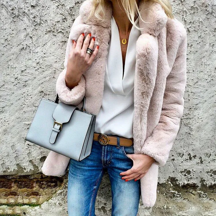 Candy Color Lapel Collar Women Faux Fur Oversized Teddy Coat