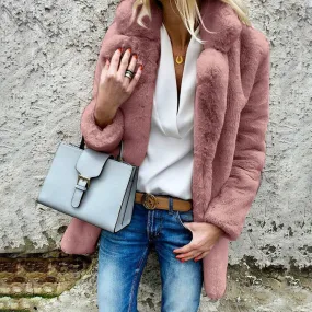 Candy Color Lapel Collar Women Faux Fur Oversized Teddy Coat