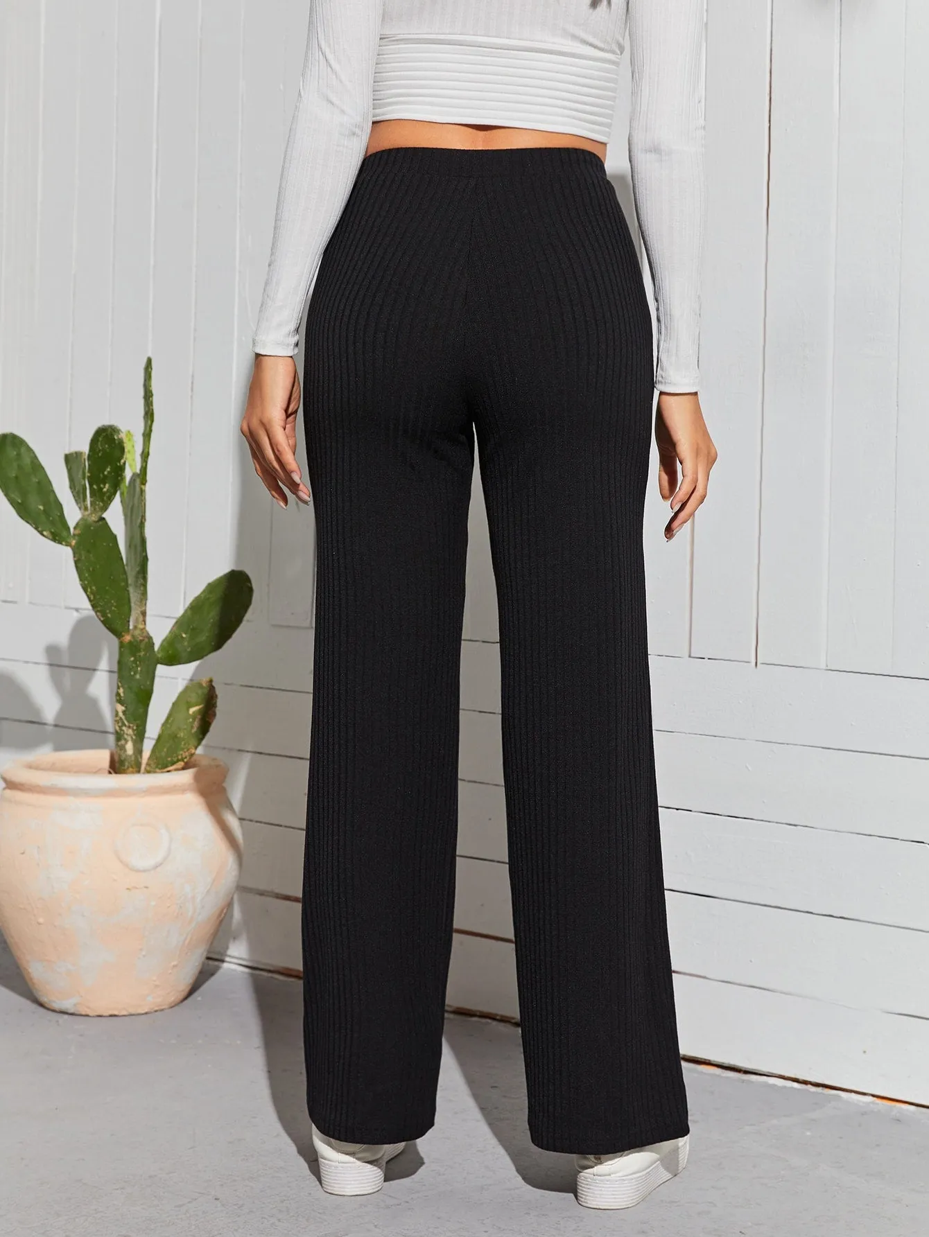 Casual Plain Drawstring Natural Long Women Pants