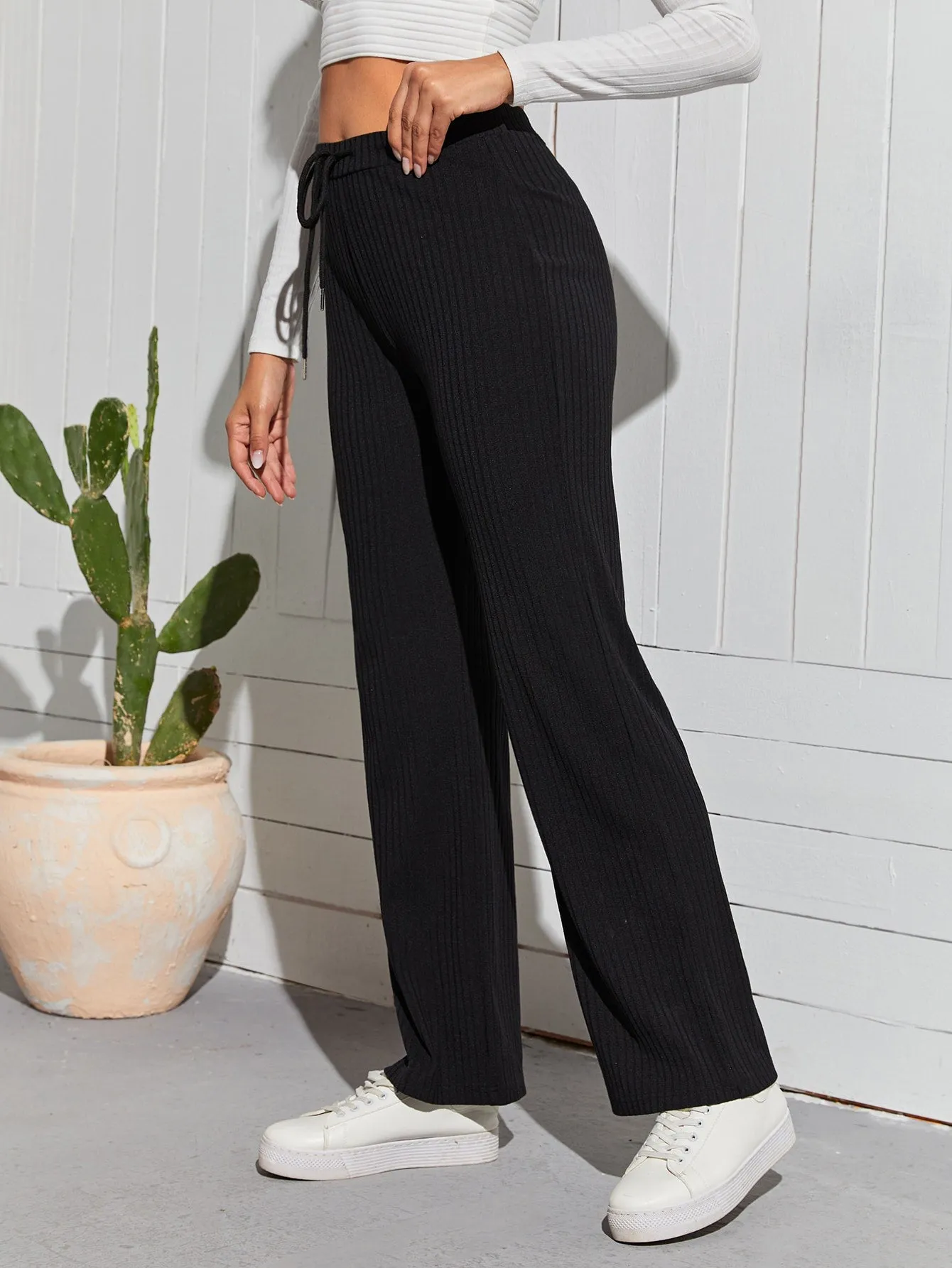 Casual Plain Drawstring Natural Long Women Pants