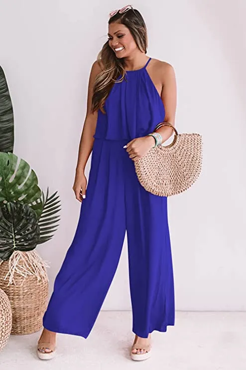 Chic Blue Sleeveless Summer Wide Leg Jumpsuit