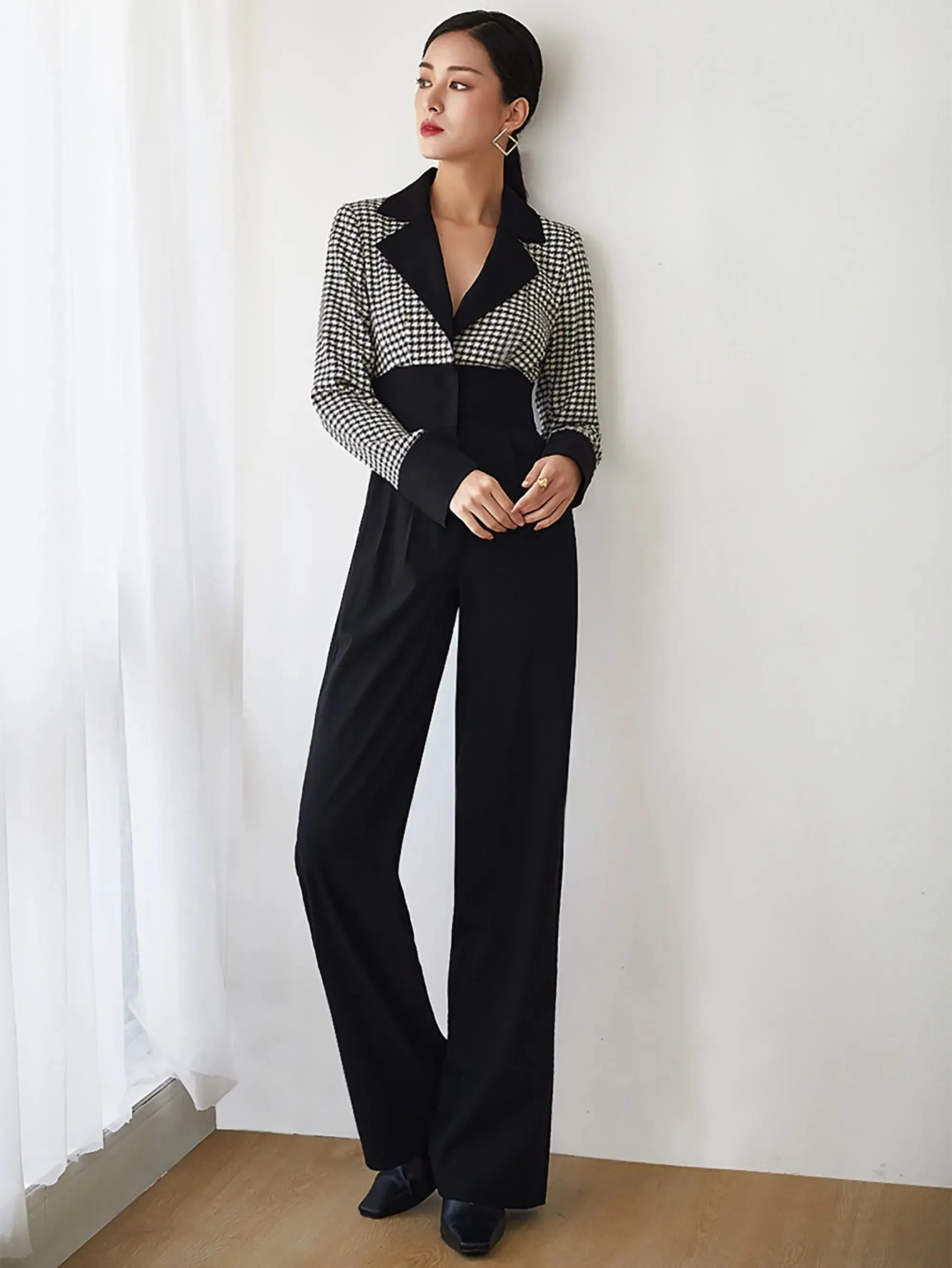 Colorblock Plaid Notched Collar Jumpsuit