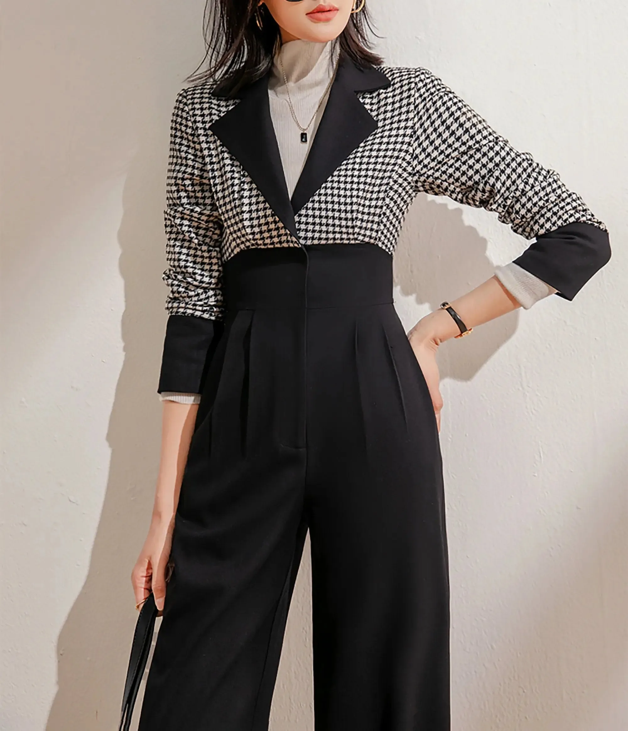 Colorblock Plaid Notched Collar Jumpsuit