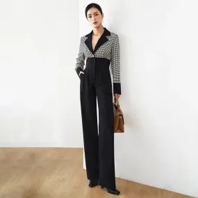 Colorblock Plaid Notched Collar Jumpsuit