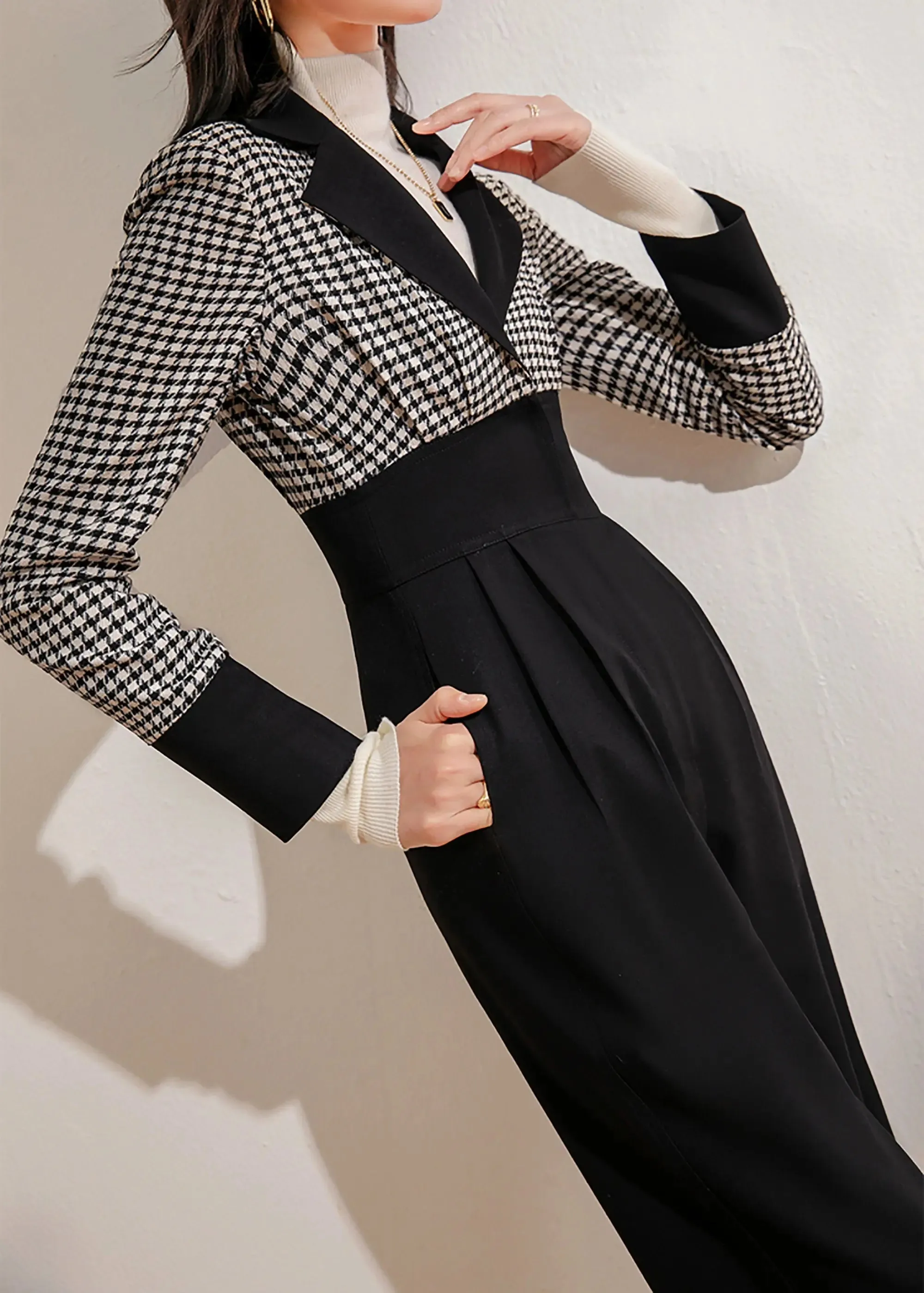 Colorblock Plaid Notched Collar Jumpsuit