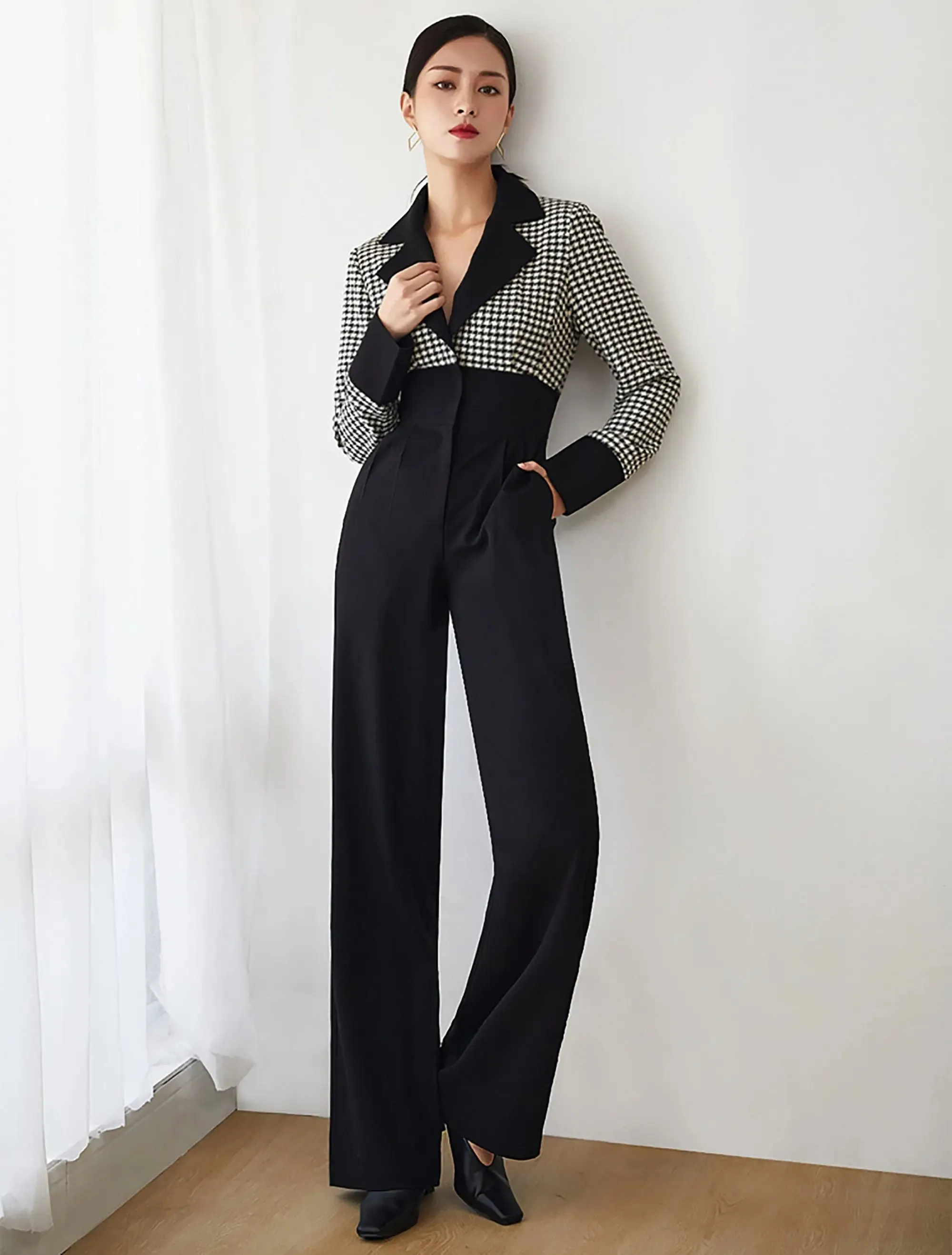 Colorblock Plaid Notched Collar Jumpsuit