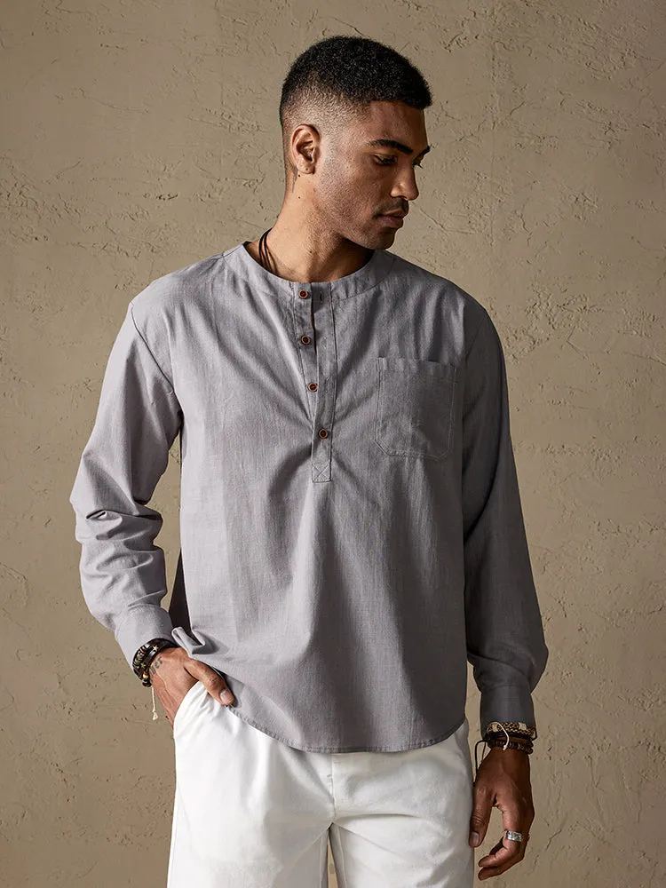 Cotton Linen Henley Shirt With Pocket