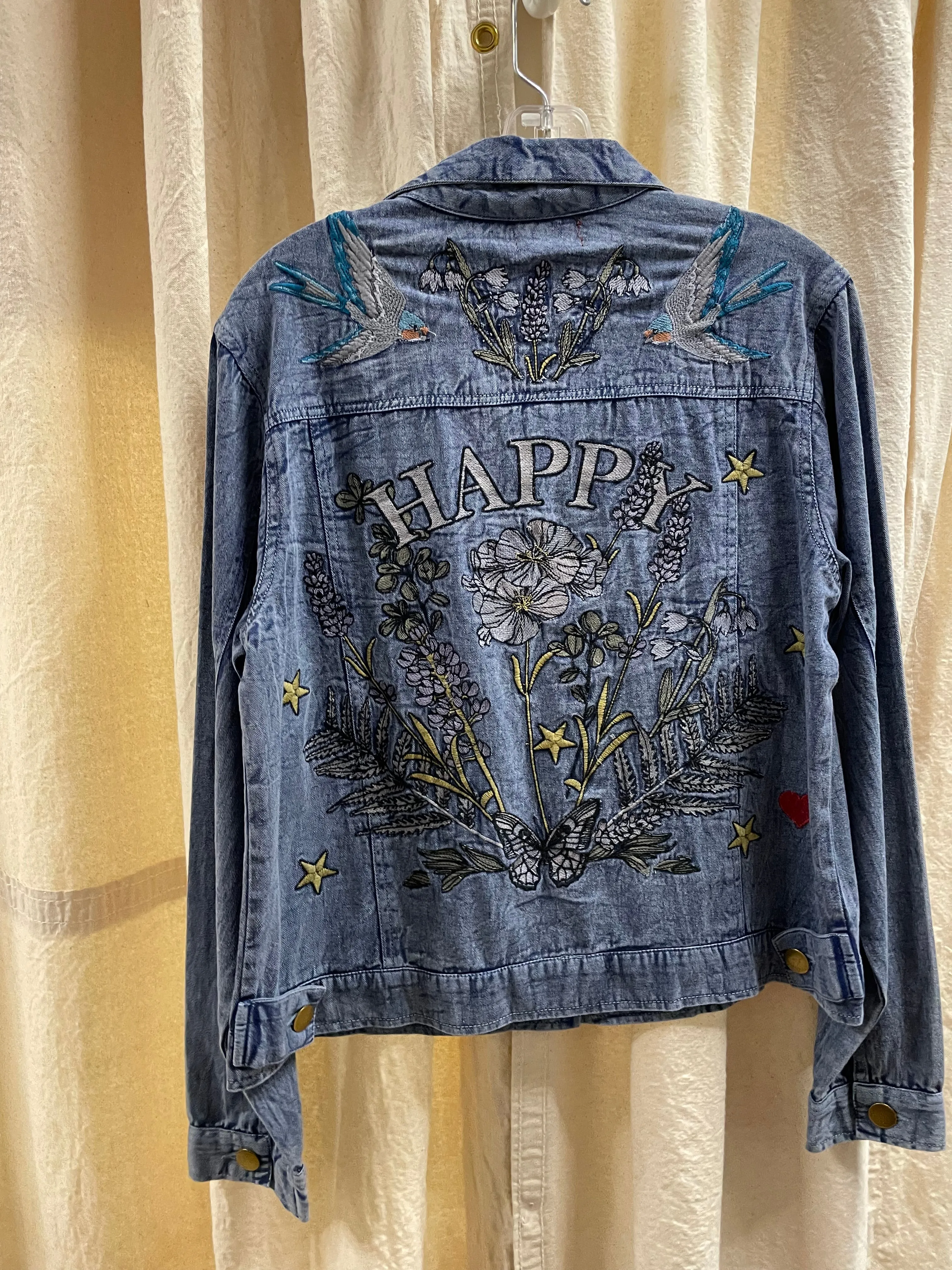 Denim "Happy" Embroidered Jacket by Avani Del Amour